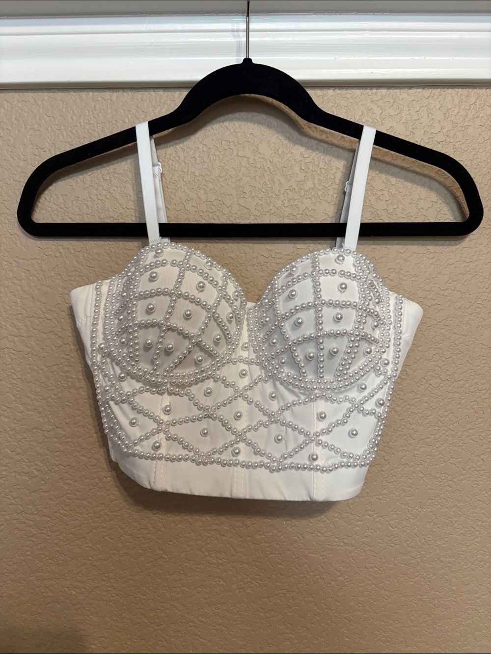 White Pearl-Embellished Bustier Crop Top